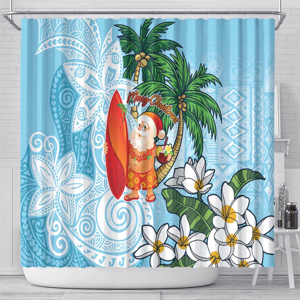 Polynesian Shower Curtain Tropical Santa - Plumeria Turquoise Vintage