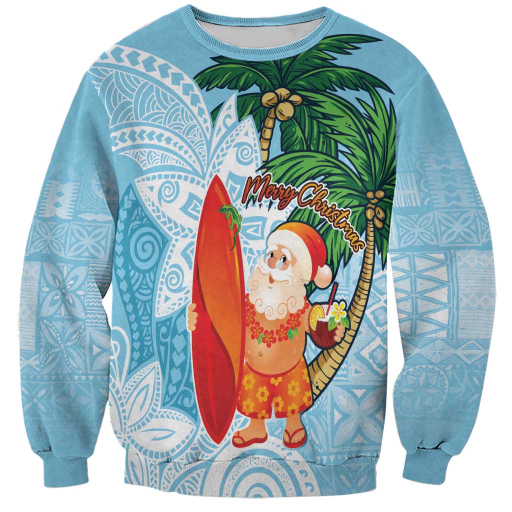 Polynesian Sweatshirt Tropical Santa - Plumeria Turquoise Vintage