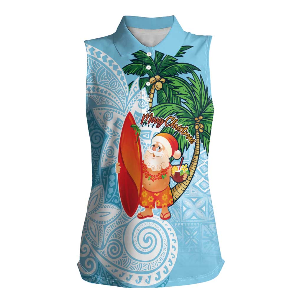 Polynesian Women Sleeveless Polo Shirt Tropical Santa - Plumeria Turquoise Vintage