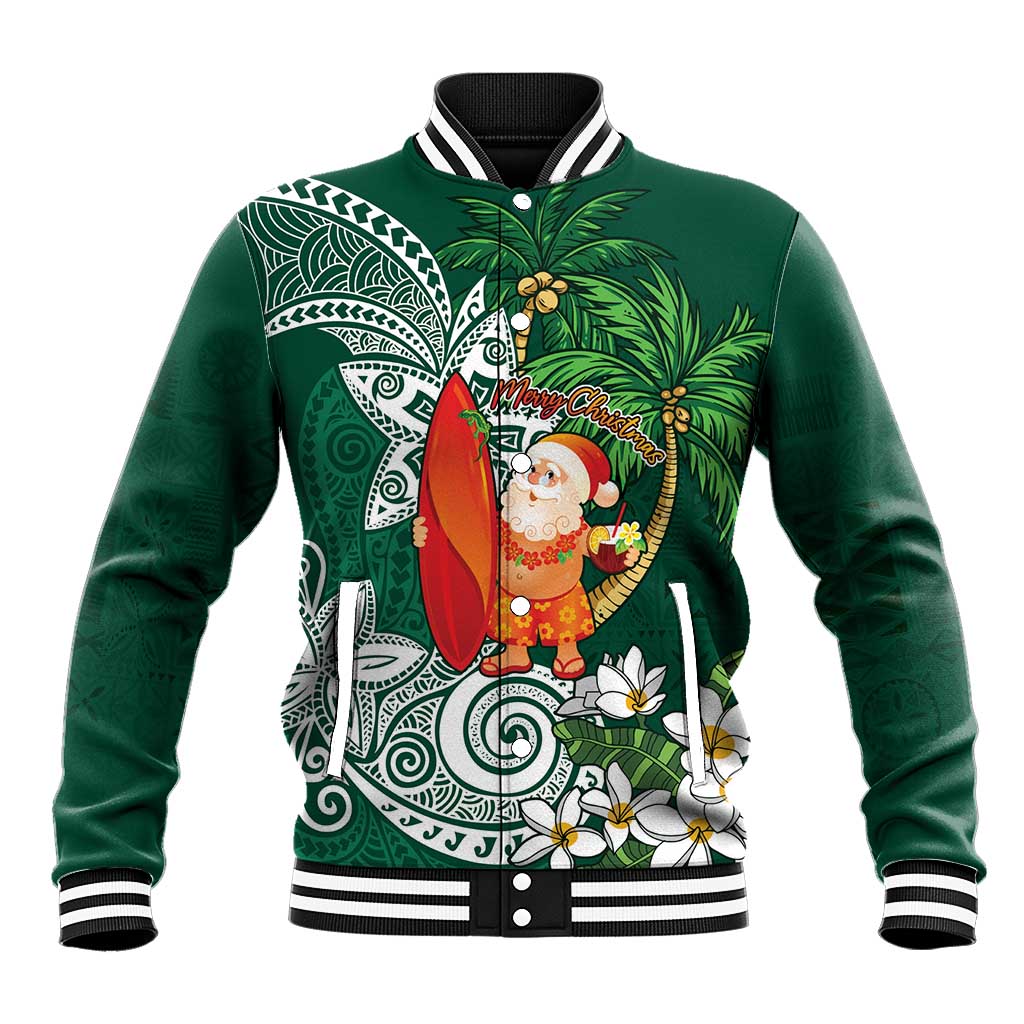 Polynesian Baseball Jacket Tropical Santa - Plumeria Green Vintage LT7 Unisex Green - Polynesian Pride