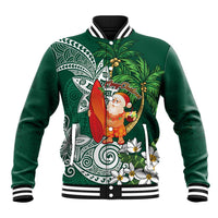 Polynesian Baseball Jacket Tropical Santa - Plumeria Green Vintage LT7 Unisex Green - Polynesian Pride