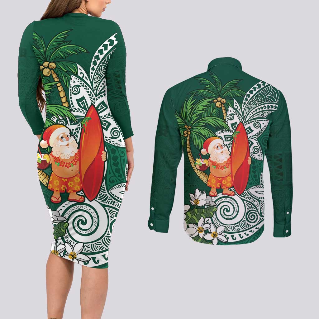Polynesian Couples Matching Long Sleeve Bodycon Dress and Long Sleeve Button Shirt Tropical Santa - Plumeria Green Vintage