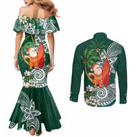 Polynesian Couples Matching Mermaid Dress and Long Sleeve Button Shirt Tropical Santa - Plumeria Green Vintage