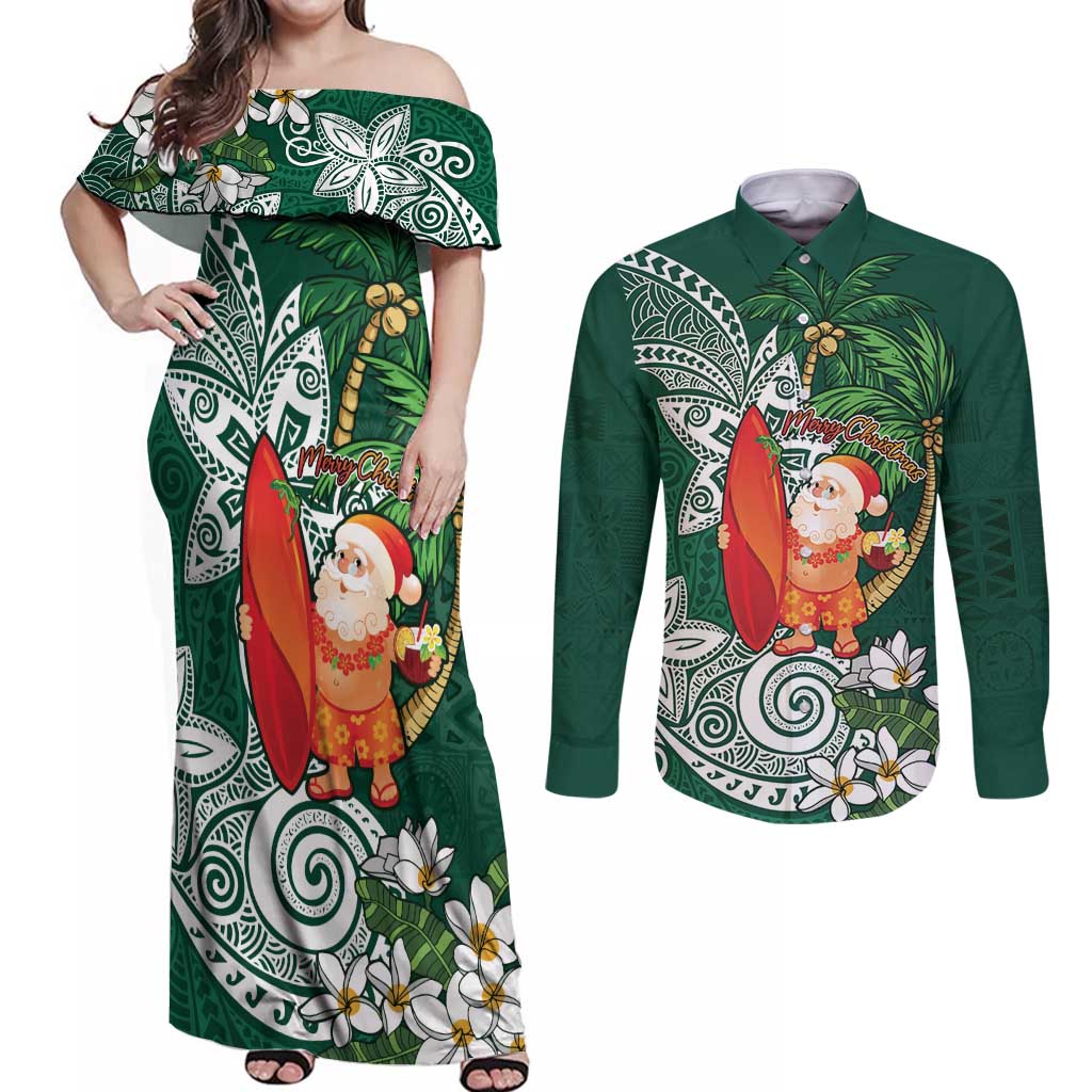 Polynesian Couples Matching Off Shoulder Maxi Dress and Long Sleeve Button Shirt Tropical Santa - Plumeria Green Vintage