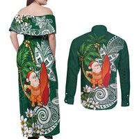 Polynesian Couples Matching Off Shoulder Maxi Dress and Long Sleeve Button Shirt Tropical Santa - Plumeria Green Vintage