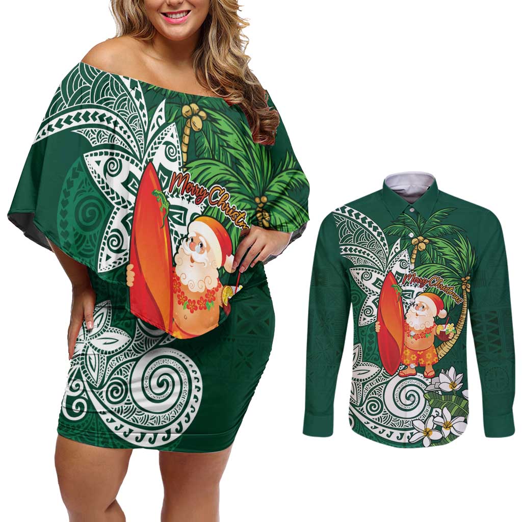 Polynesian Couples Matching Off Shoulder Short Dress and Long Sleeve Button Shirt Tropical Santa - Plumeria Green Vintage