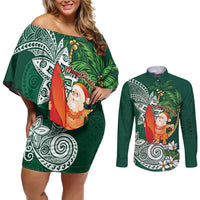 Polynesian Couples Matching Off Shoulder Short Dress and Long Sleeve Button Shirt Tropical Santa - Plumeria Green Vintage