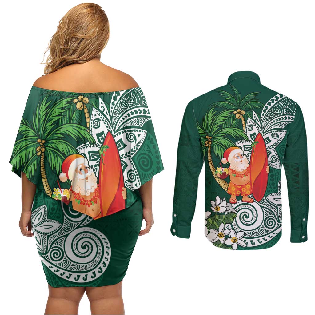 Polynesian Couples Matching Off Shoulder Short Dress and Long Sleeve Button Shirt Tropical Santa - Plumeria Green Vintage