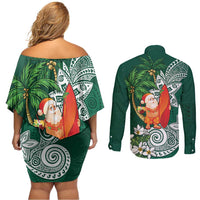 Polynesian Couples Matching Off Shoulder Short Dress and Long Sleeve Button Shirt Tropical Santa - Plumeria Green Vintage