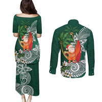 Polynesian Couples Matching Puletasi and Long Sleeve Button Shirt Tropical Santa - Plumeria Green Vintage