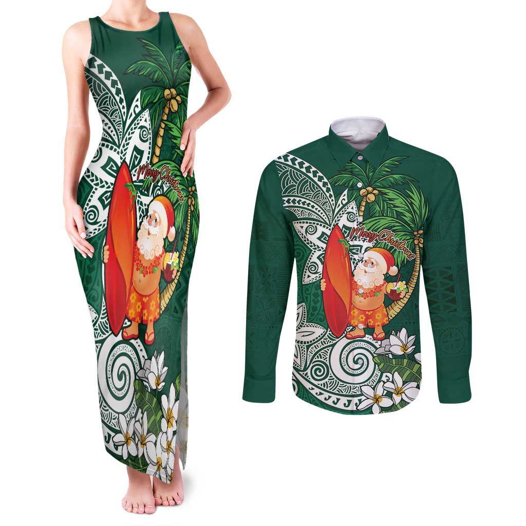 Polynesian Couples Matching Tank Maxi Dress and Long Sleeve Button Shirt Tropical Santa - Plumeria Green Vintage