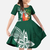 Polynesian Family Matching Long Sleeve Bodycon Dress and Hawaiian Shirt Tropical Santa - Plumeria Green Vintage LT7 Daughter's Dress Green - Polynesian Pride