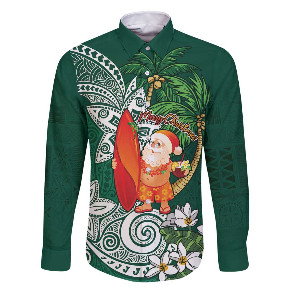 Polynesian Family Matching Long Sleeve Bodycon Dress and Hawaiian Shirt Tropical Santa - Plumeria Green Vintage LT7 Dad's Shirt - Long Sleeve Green - Polynesian Pride
