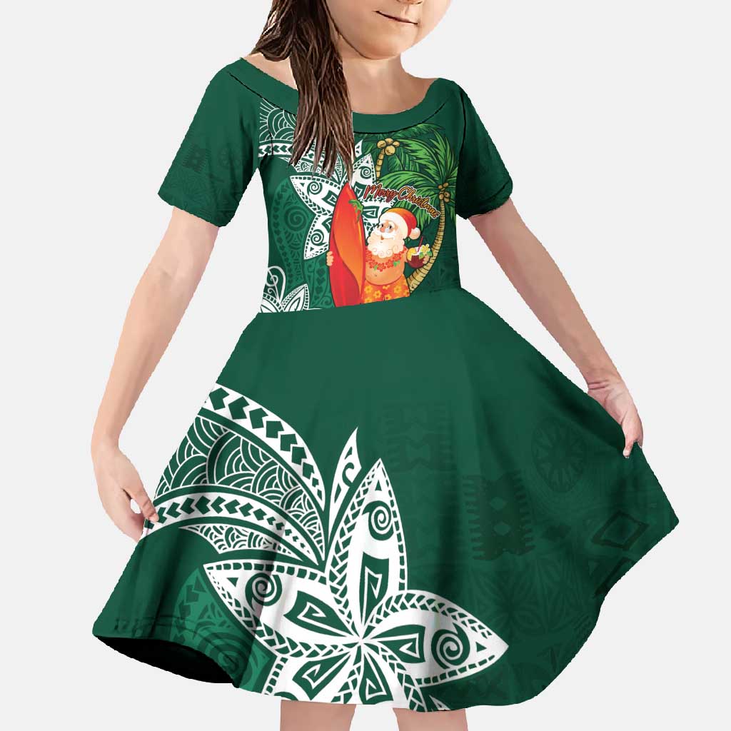 Polynesian Family Matching Tank Maxi Dress and Hawaiian Shirt Tropical Santa - Plumeria Green Vintage LT7 Daughter's Dress Green - Polynesian Pride