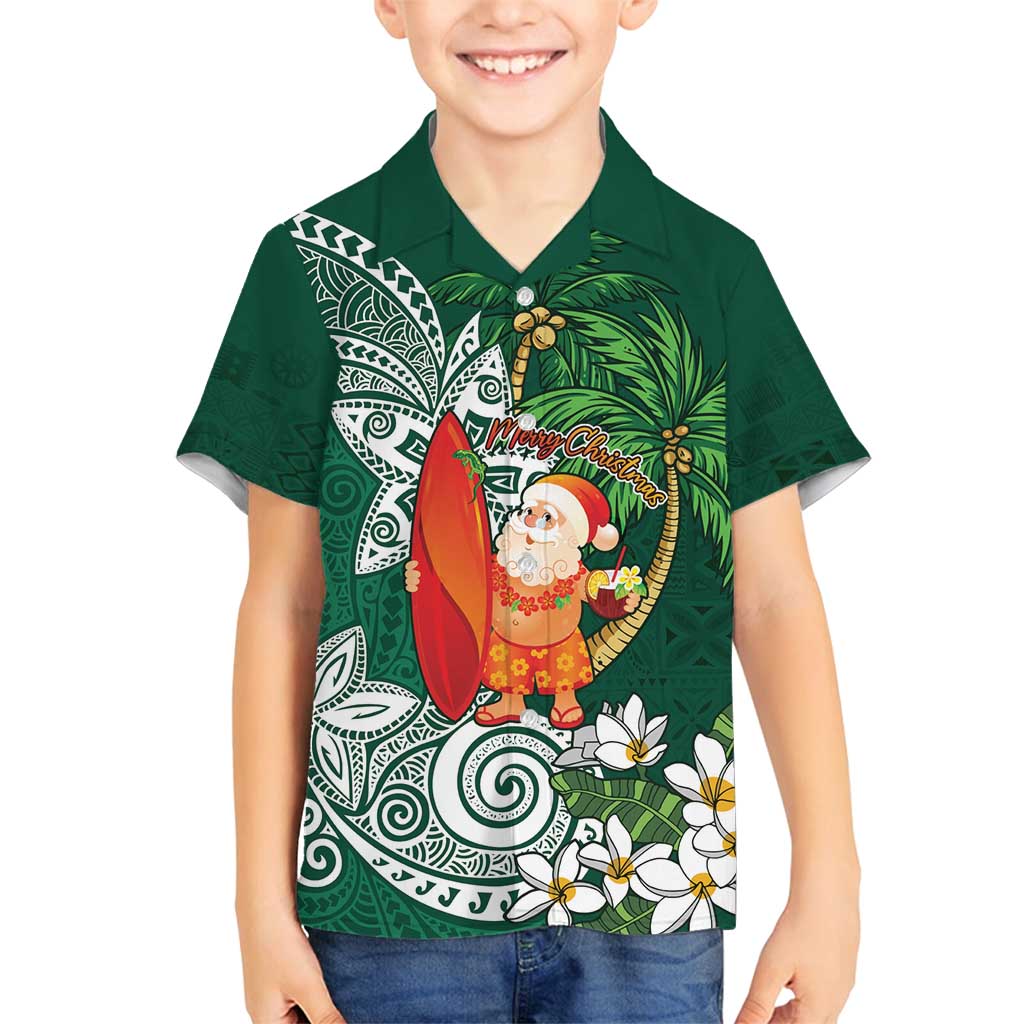 Polynesian Family Matching Tank Maxi Dress and Hawaiian Shirt Tropical Santa - Plumeria Green Vintage LT7 Son's Shirt Green - Polynesian Pride