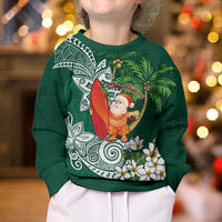 Polynesian Kid Ugly Christmas Sweater Tropical Santa - Plumeria Green Vintage
