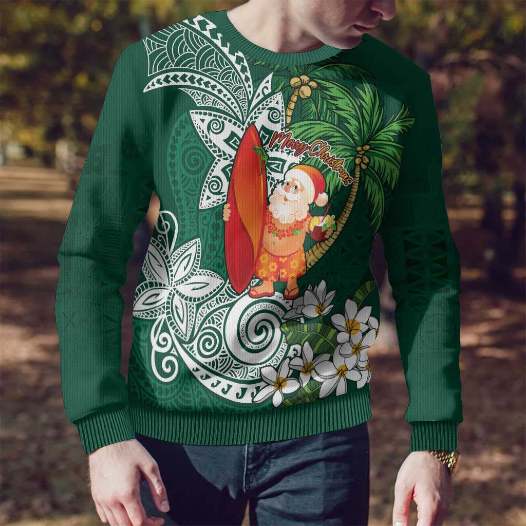 Polynesian Ugly Christmas Sweater Tropical Santa - Plumeria Green Vintage