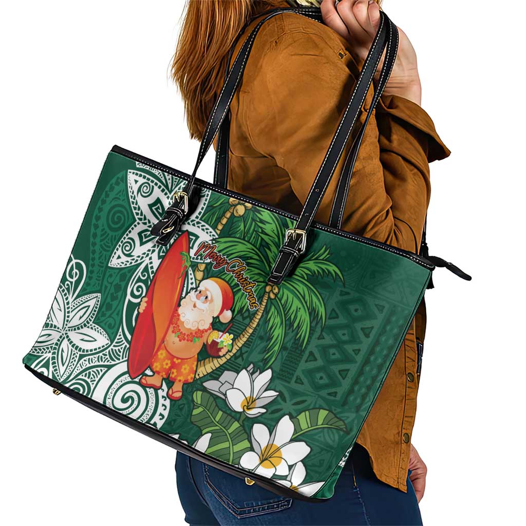Polynesian Leather Tote Bag Tropical Santa - Plumeria Green Vintage