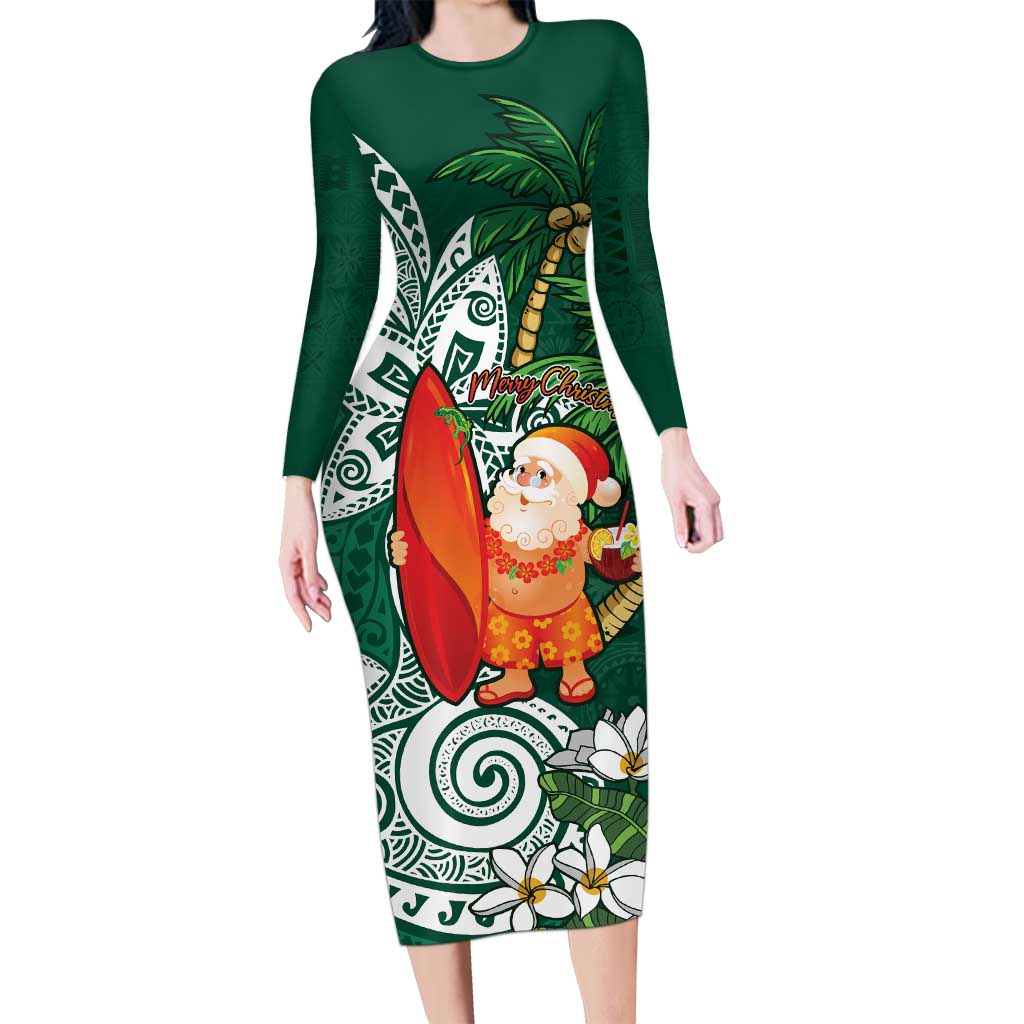 Polynesian Long Sleeve Bodycon Dress Tropical Santa - Plumeria Green Vintage LT7 Long Dress Green - Polynesian Pride