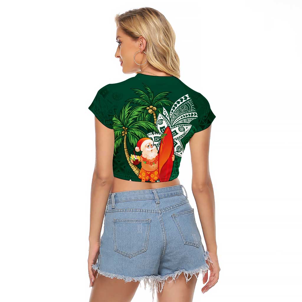 Polynesian Raglan Cropped T Shirt Tropical Santa - Plumeria Green Vintage