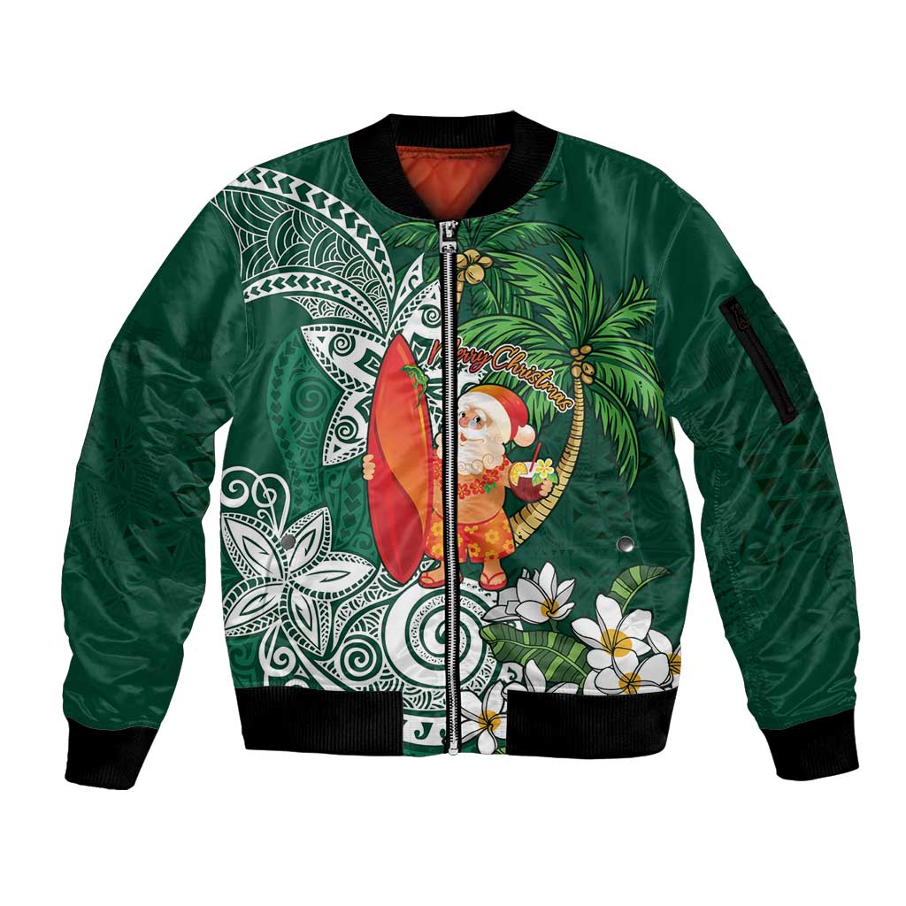 Polynesian Sleeve Zip Bomber Jacket Tropical Santa - Plumeria Green Vintage LT7 Unisex Green - Polynesian Pride