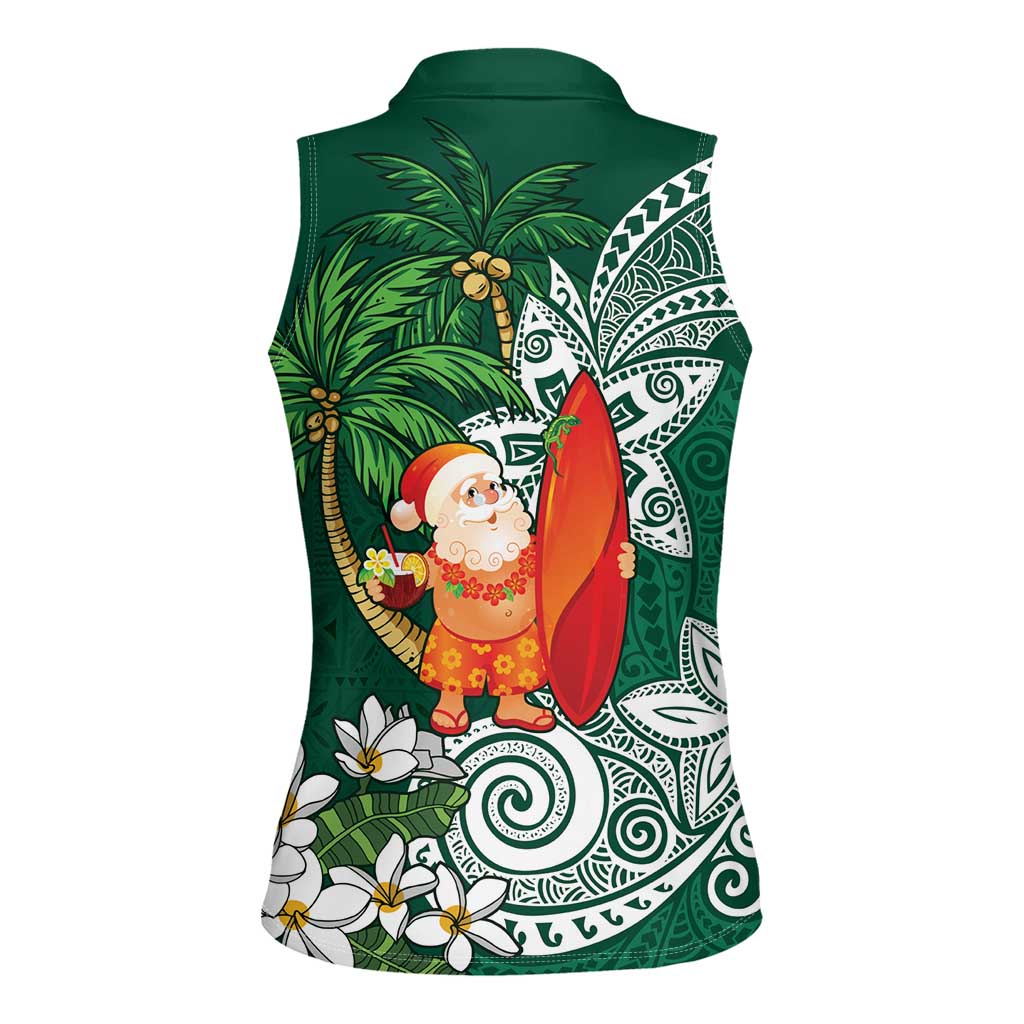 Polynesian Women Sleeveless Polo Shirt Tropical Santa - Plumeria Green Vintage