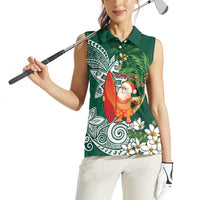 Polynesian Women Sleeveless Polo Shirt Tropical Santa - Plumeria Green Vintage