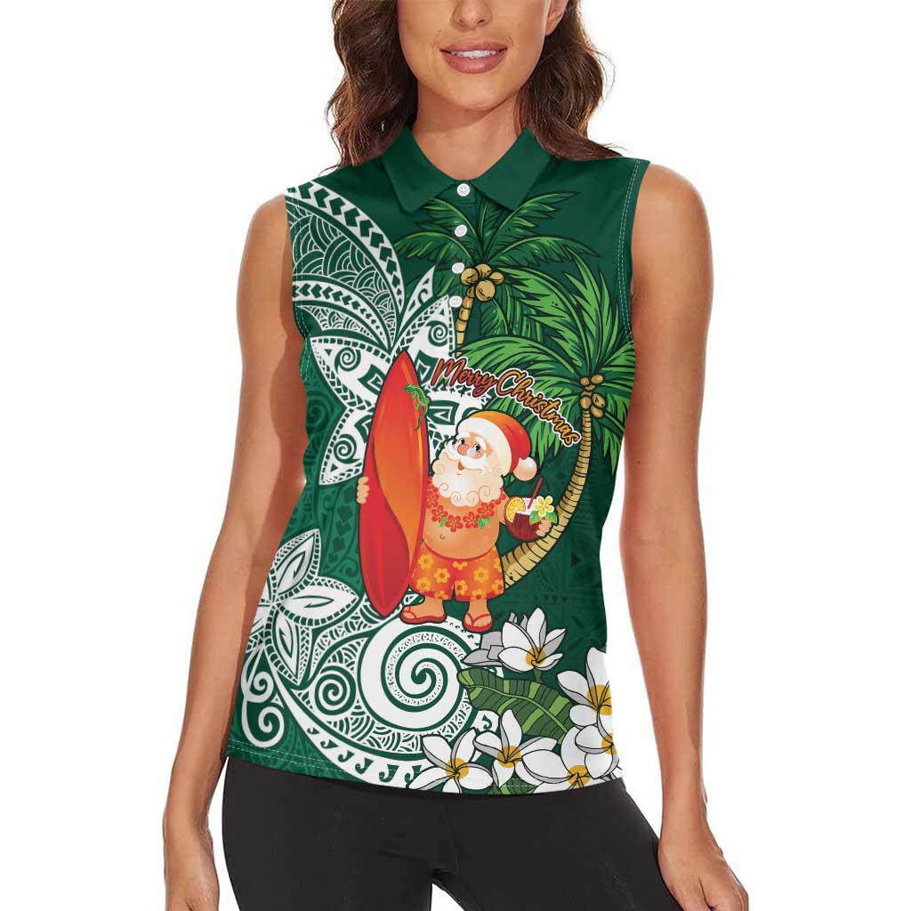 Polynesian Women Sleeveless Polo Shirt Tropical Santa - Plumeria Green Vintage