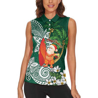 Polynesian Women Sleeveless Polo Shirt Tropical Santa - Plumeria Green Vintage