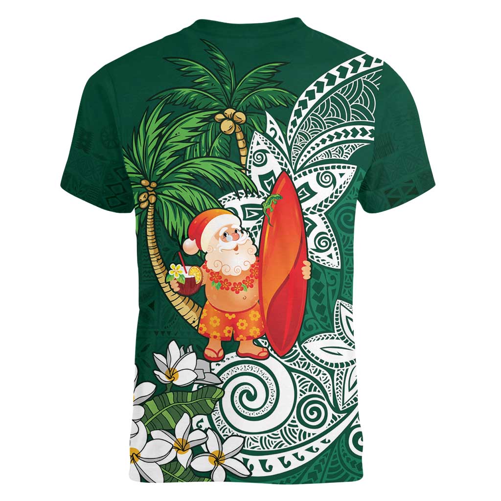 Polynesian Women V-Neck T-Shirt Tropical Santa - Plumeria Green Vintage