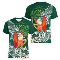 Polynesian Women V-Neck T-Shirt Tropical Santa - Plumeria Green Vintage