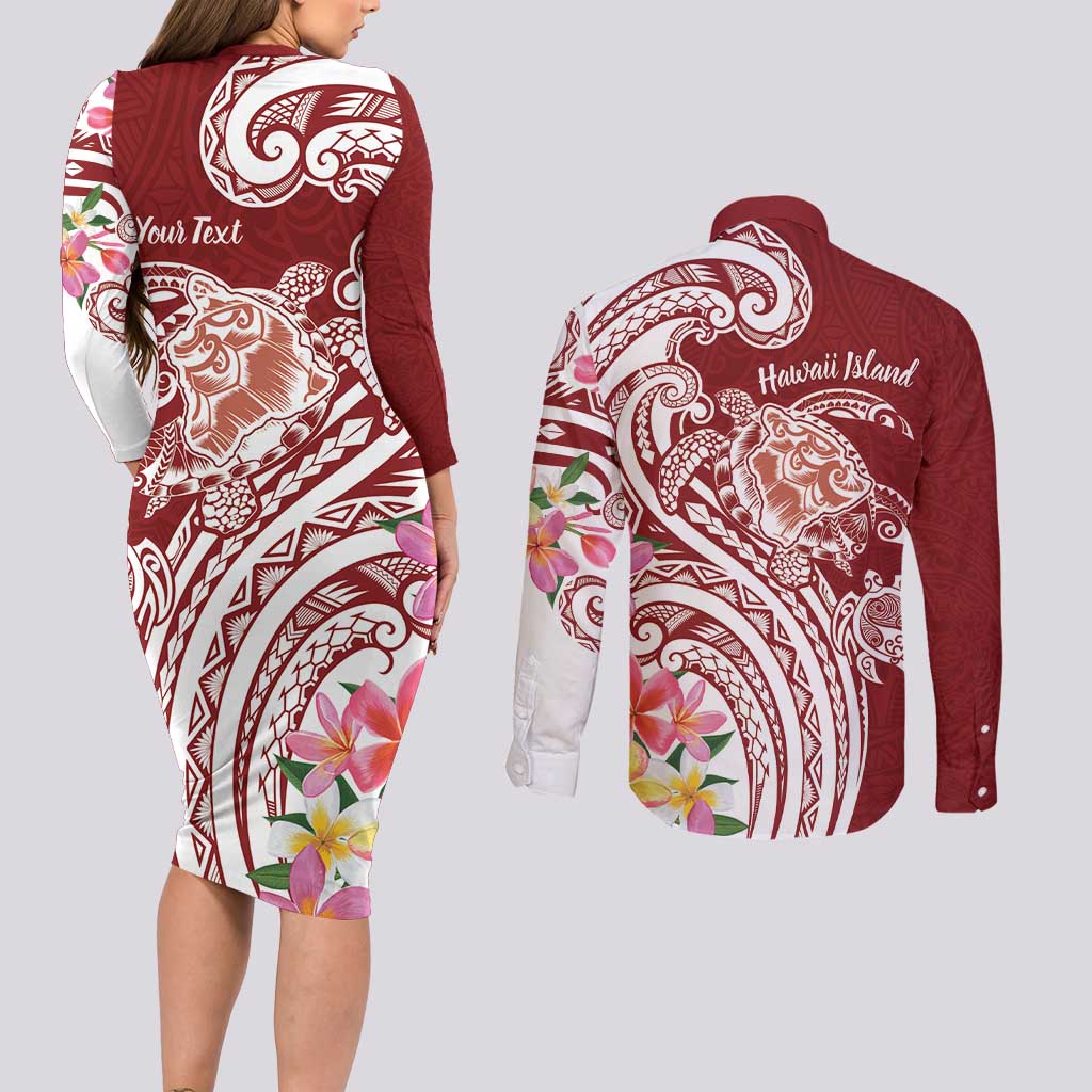 Aloha Hawaii Island Personalized Couples Matching Long Sleeve Bodycon Dress and Long Sleeve Button Shirt Crimson Dreamy Turtle