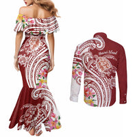 Aloha Hawaii Island Personalized Couples Matching Mermaid Dress and Long Sleeve Button Shirt Crimson Dreamy Turtle