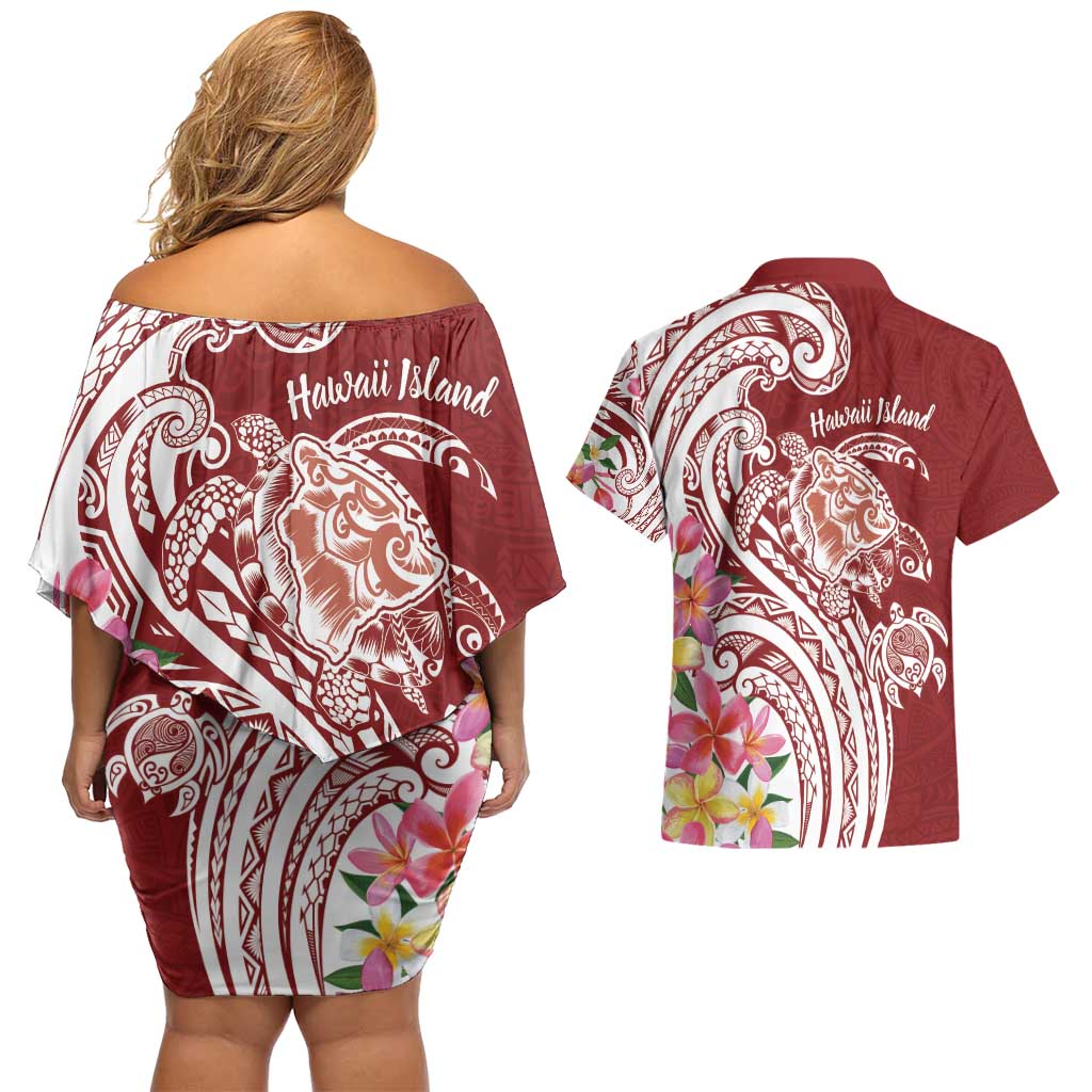 Aloha Hawaii Island Personalized Couples Matching Off Shoulder Short Dress and Hawaiian Shirt Crimson Dreamy Turtle