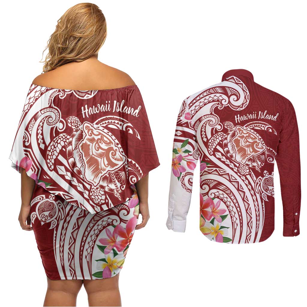 Aloha Hawaii Island Personalized Couples Matching Off Shoulder Short Dress and Long Sleeve Button Shirt Crimson Dreamy Turtle