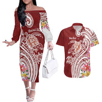 Aloha Hawaii Island Personalized Couples Matching Off The Shoulder Long Sleeve Dress and Hawaiian Shirt Crimson Dreamy Turtle