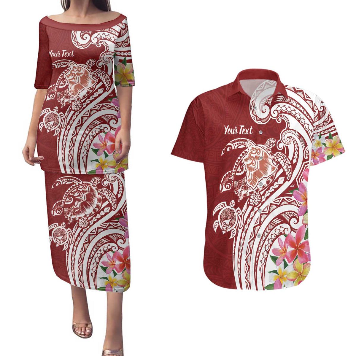 Aloha Hawaii Island Personalized Couples Matching Puletasi and Hawaiian Shirt Crimson Dreamy Turtle