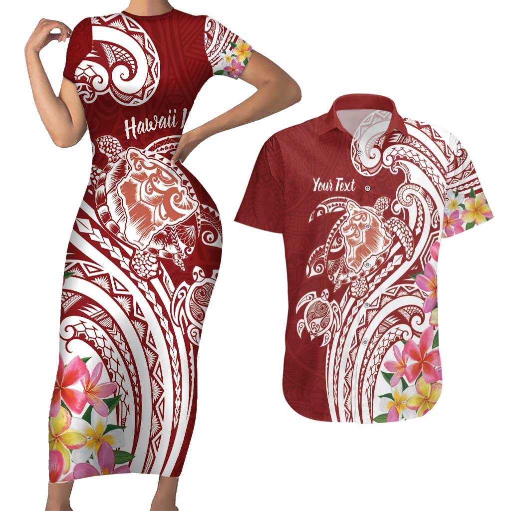 Aloha Hawaii Island Personalized Couples Matching Short Sleeve Bodycon Dress and Hawaiian Shirt Crimson Dreamy Turtle