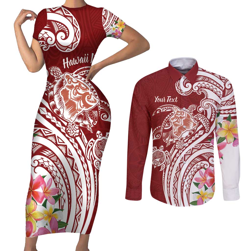 Aloha Hawaii Island Personalized Couples Matching Short Sleeve Bodycon Dress and Long Sleeve Button Shirt Crimson Dreamy Turtle LT7 Red - Polynesian Pride