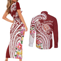 Aloha Hawaii Island Personalized Couples Matching Short Sleeve Bodycon Dress and Long Sleeve Button Shirt Crimson Dreamy Turtle