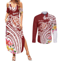 Aloha Hawaii Island Personalized Couples Matching Summer Maxi Dress and Long Sleeve Button Shirt Crimson Dreamy Turtle
