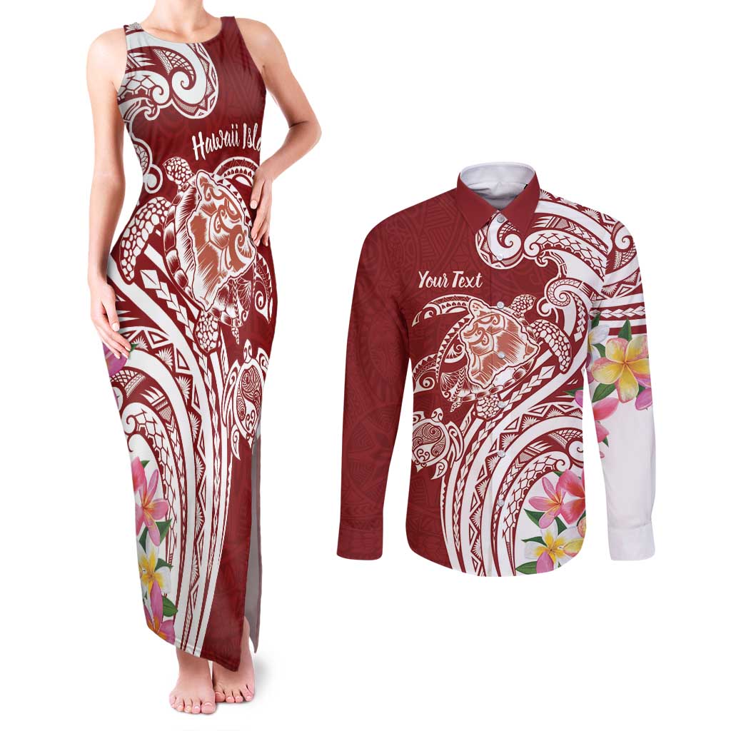 Aloha Hawaii Island Personalized Couples Matching Tank Maxi Dress and Long Sleeve Button Shirt Crimson Dreamy Turtle