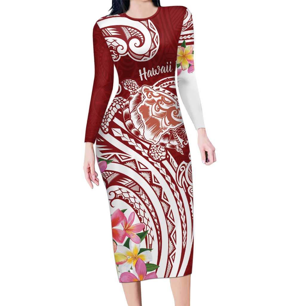 Aloha Hawaii Island Personalized Family Matching Long Sleeve Bodycon Dress and Hawaiian Shirt Crimson Dreamy Turtle