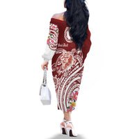 Aloha Hawaii Island Personalized Family Matching Off The Shoulder Long Sleeve Dress and Hawaiian Shirt Crimson Dreamy Turtle