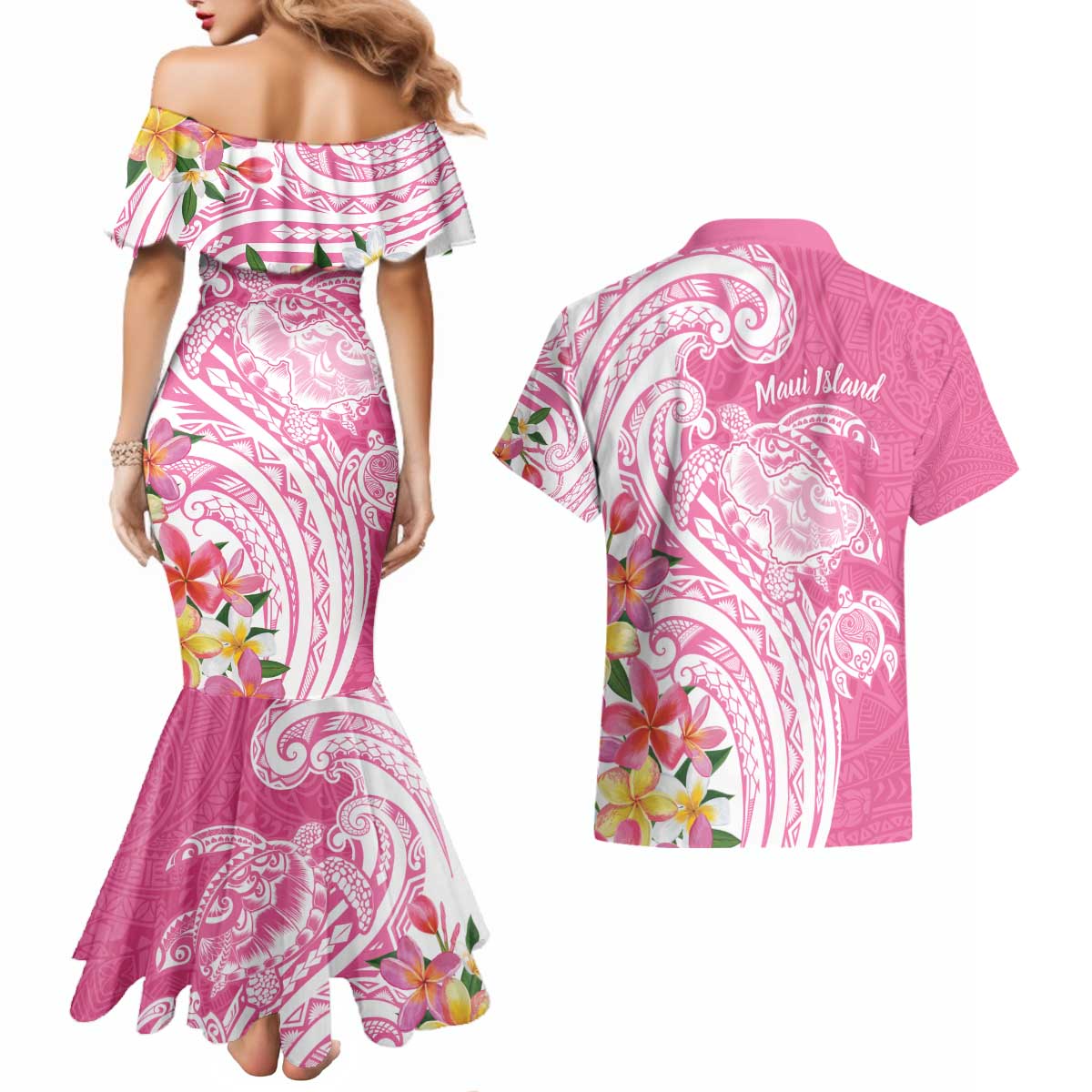 Aloha Maui Island Personalized Couples Matching Mermaid Dress and Hawaiian Shirt Rose Dreamy Turtle