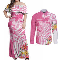 Aloha Maui Island Personalized Couples Matching Off Shoulder Maxi Dress and Long Sleeve Button Shirt Rose Dreamy Turtle