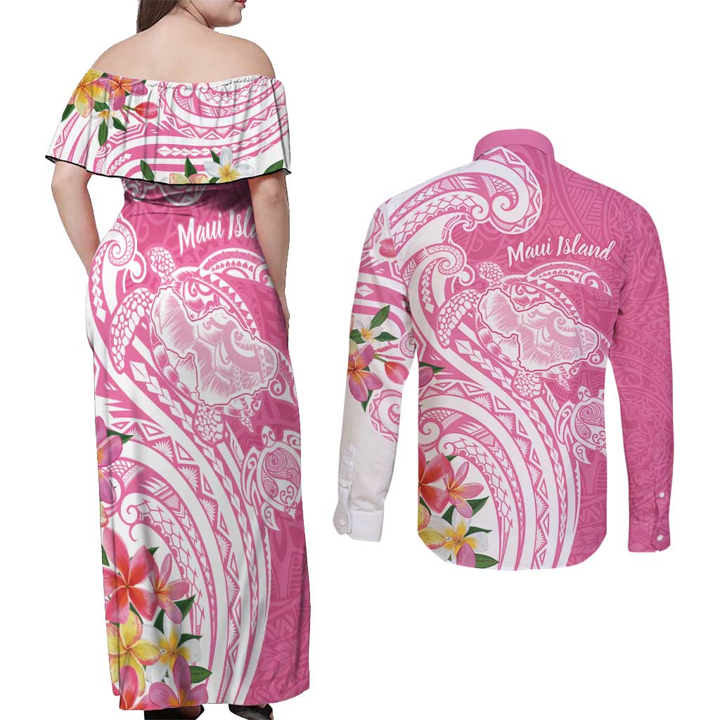 Aloha Maui Island Personalized Couples Matching Off Shoulder Maxi Dress and Long Sleeve Button Shirt Rose Dreamy Turtle