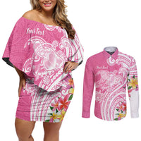 Aloha Maui Island Personalized Couples Matching Off Shoulder Short Dress and Long Sleeve Button Shirt Rose Dreamy Turtle