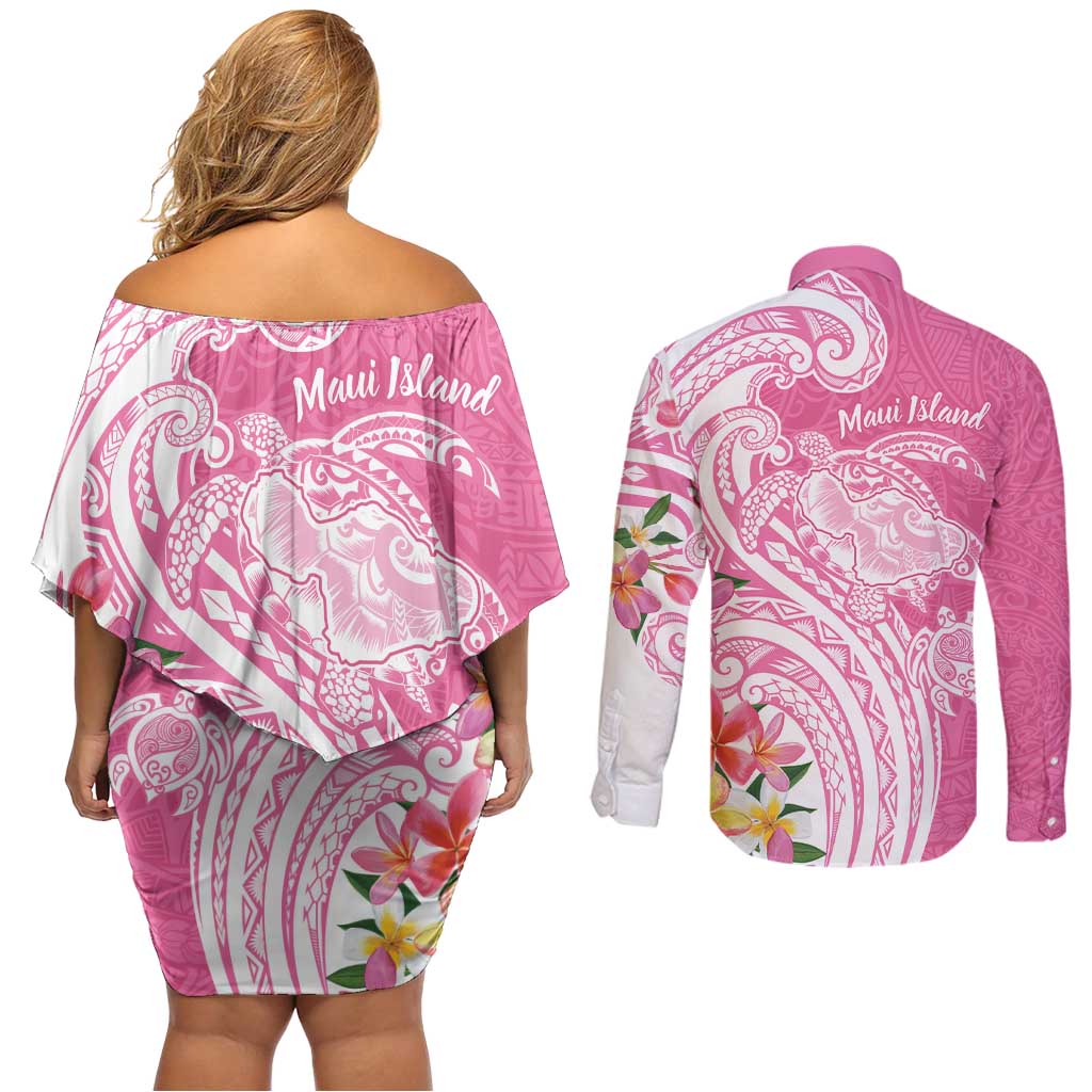 Aloha Maui Island Personalized Couples Matching Off Shoulder Short Dress and Long Sleeve Button Shirt Rose Dreamy Turtle