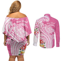 Aloha Maui Island Personalized Couples Matching Off Shoulder Short Dress and Long Sleeve Button Shirt Rose Dreamy Turtle